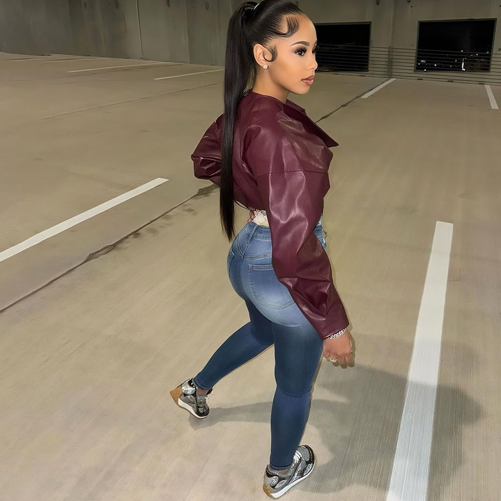RISCUYY Burgundy Jacket Women Faux Leather Iregular Hem Crop Coat Trendy Long Sleeve Bomber Cropped Leather Jacket Women