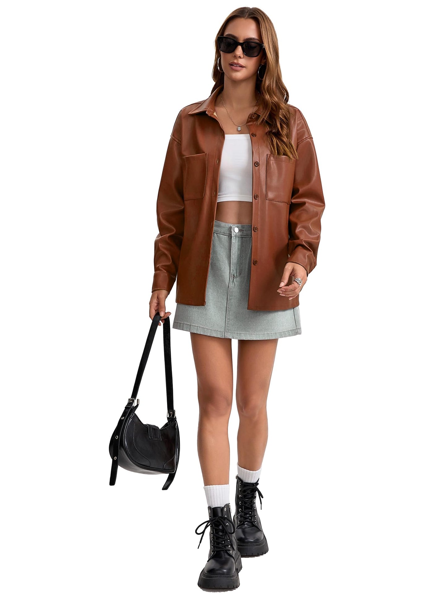 Haianguoji Women's Faux Leather Button-Down Shirt Jacket Lightweight Long Sleeve PU Blouse Shacket Tops (Brown, M)