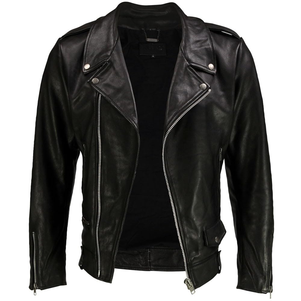 Men's Black Genuine Lambskin Leather Biker Jacket VINTAGE REAL BROWN MOTORCYCLE JACKETS FOR MEN (US, Alpha, Medium, Regular, Regular, BLACK R)