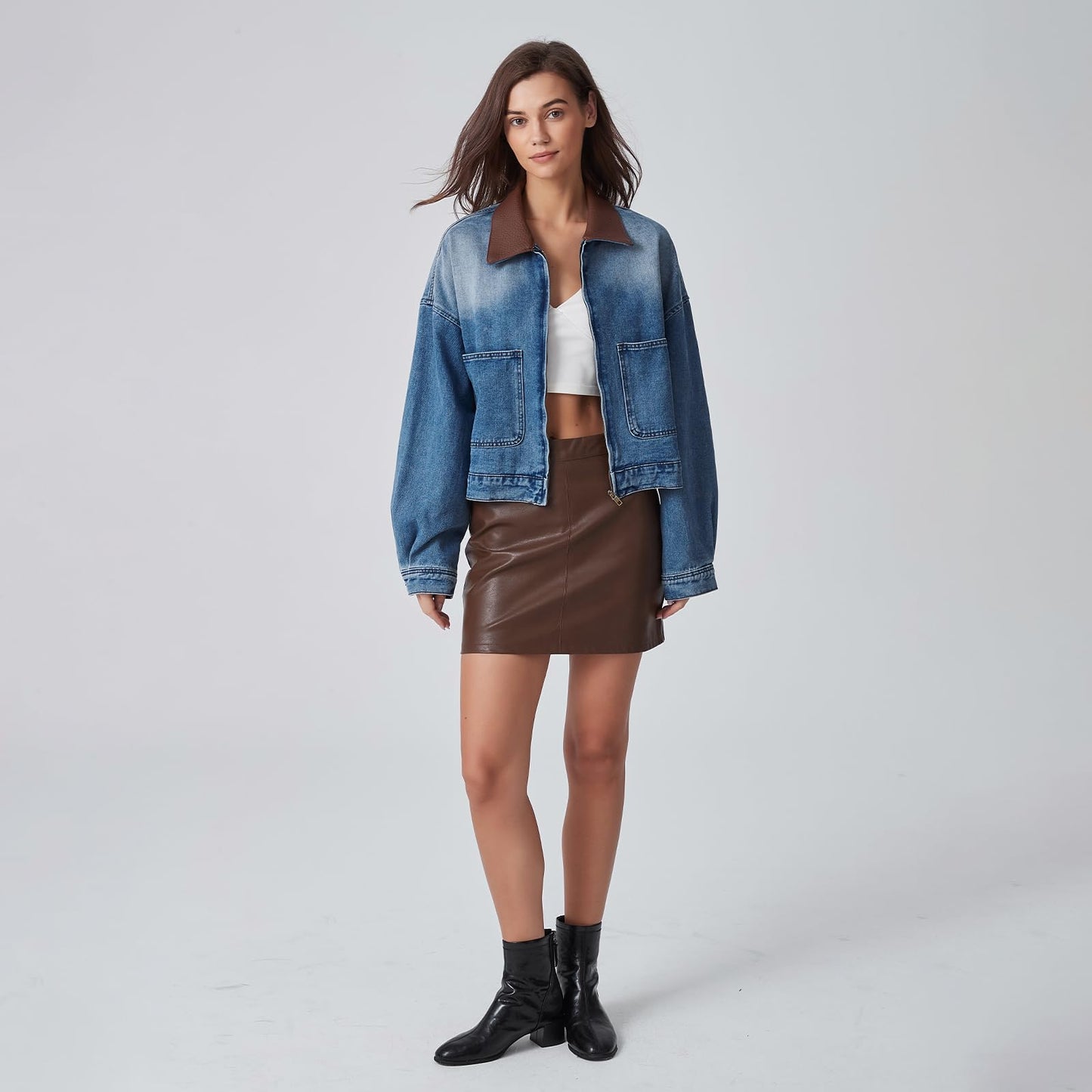 D-Sun Women's Denim Jackets Fake Leather Collar Long Sleeve Zipper Cropped Jean Jacket Denim Coat With Pockets