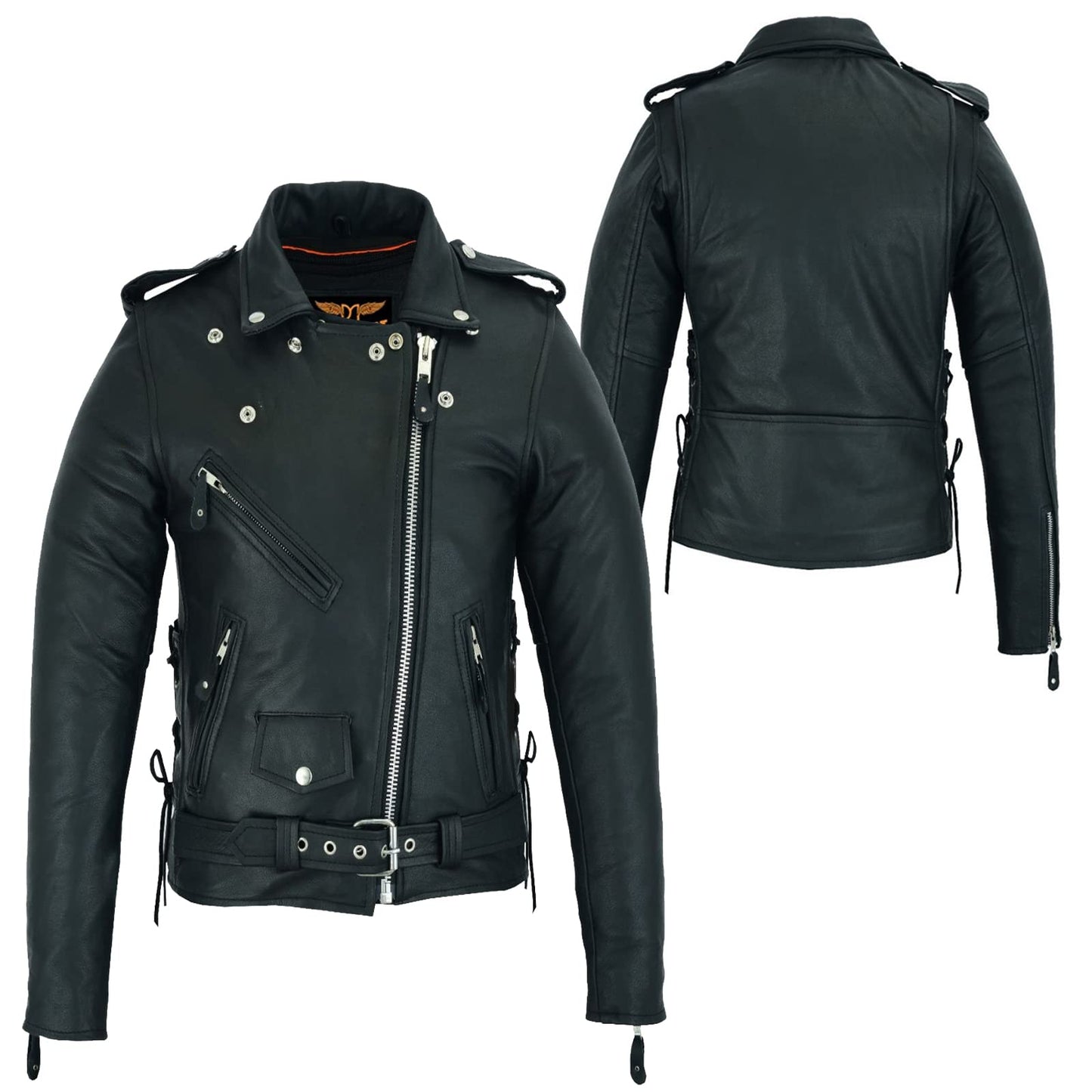 Dream Apparel Women’s Classic Leather Motorcycle Jacket with Zip Out Lining, Biker Jacket for Ladies with Side Laces (Black, Size M)