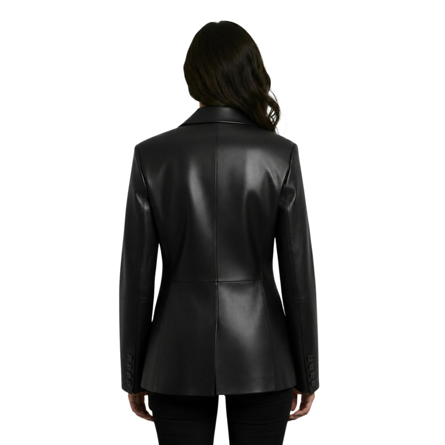 Classic Black Real Leather Blazer Jacket Women Tailored Two Button Closure Notch Lapel Structured Fit Smart Casual Style (US, Alpha, Large, Regular, Regular, Black)