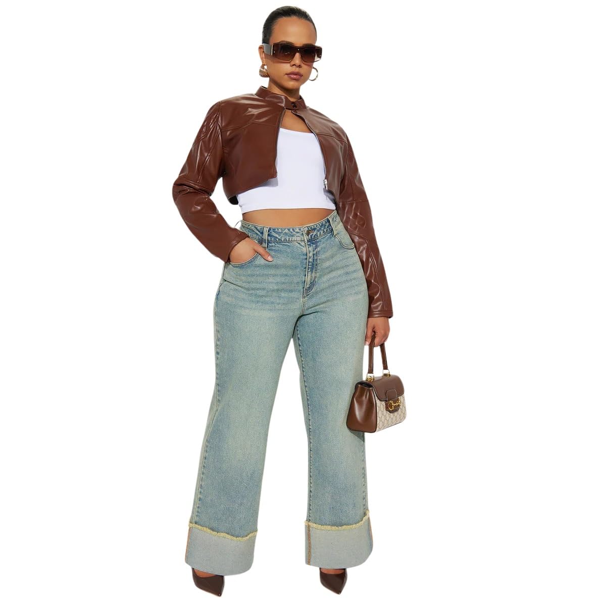 Charyeah Women's Faux Leather Jacket Cropped Leather Jacket Women Bomber Motorcycle Jacket y2k Jacket (US, Alpha, Small, Regular, Regular, Brown)