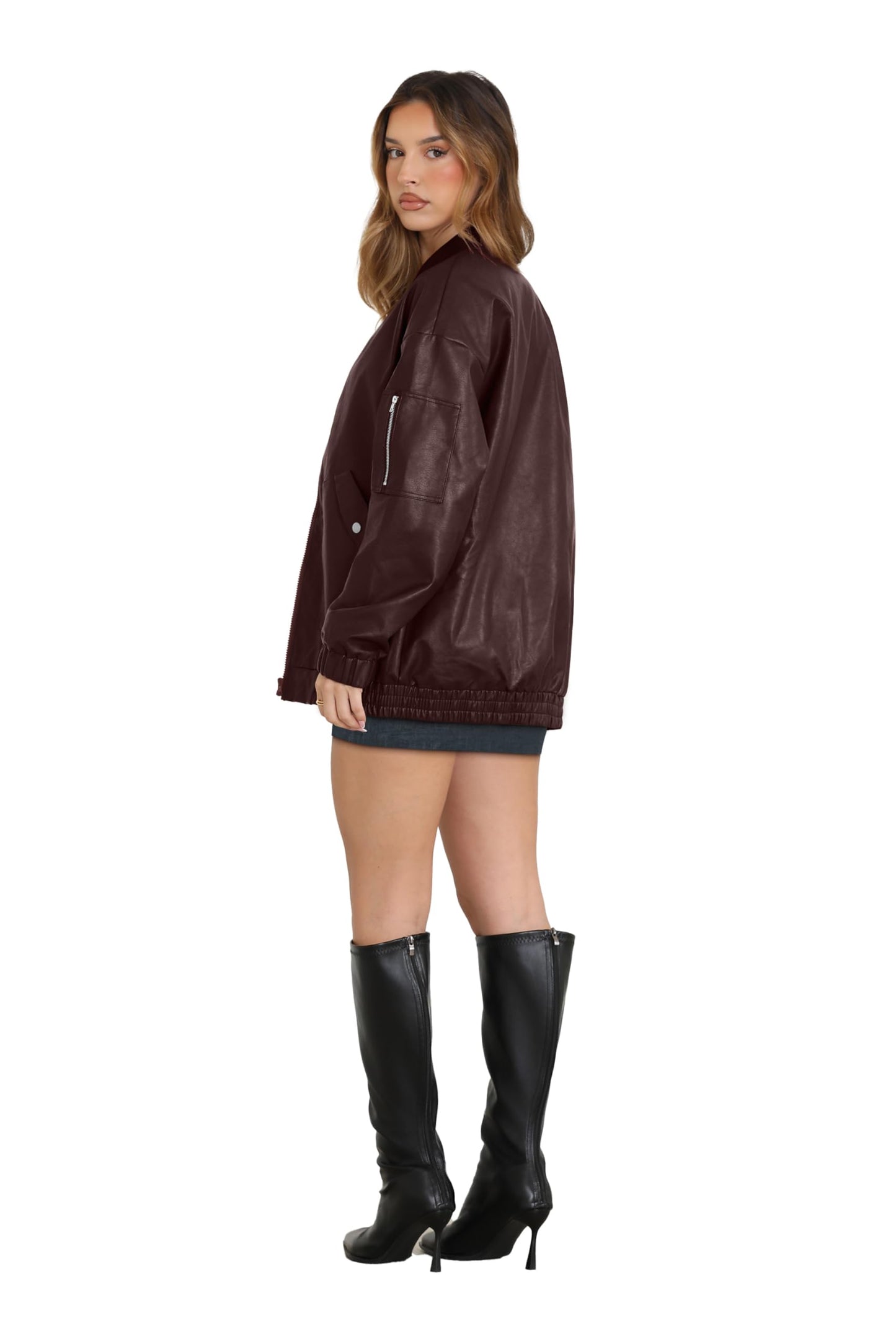 XIEERDUO Leather Jacket Women Faux Oversized Motorcycle Bomber Coats 2025 Fall Fashion Outfits Winter Clothes Dark Coffee S