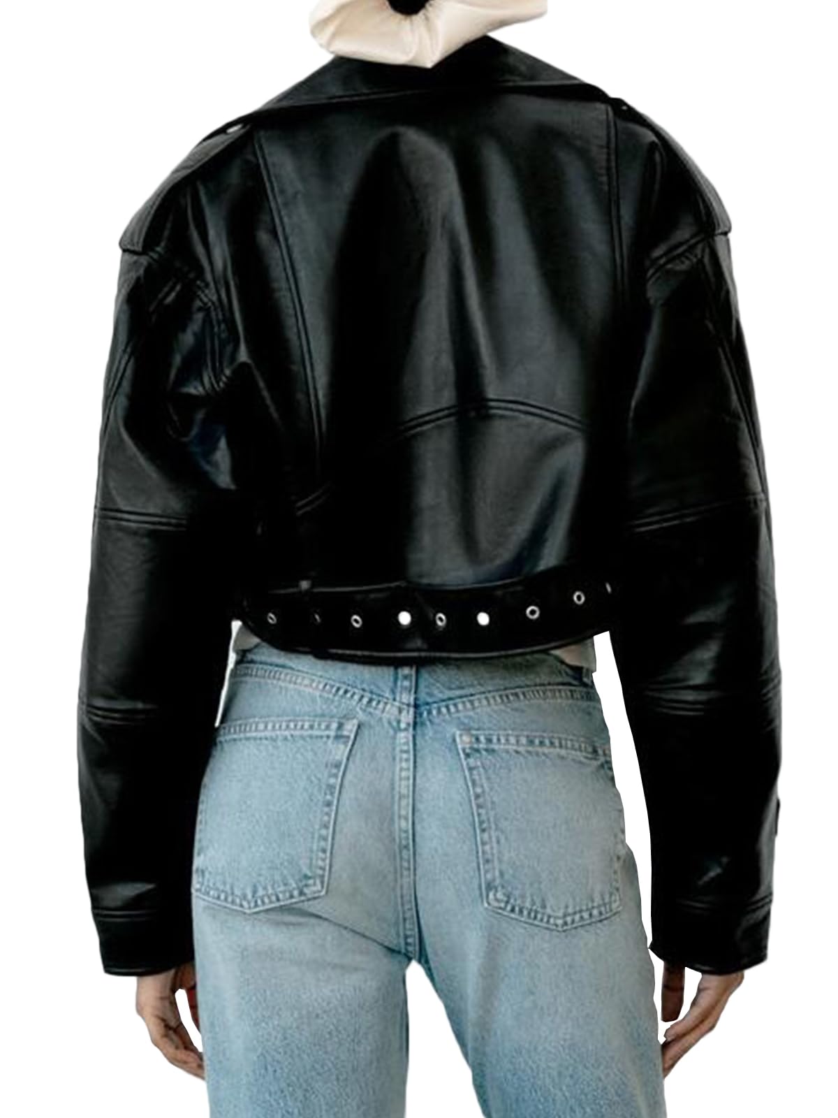 LY VAREY LIN Women Faux Leather Cropped Jacket Lapel Zipper Biker Short Coat with Belt