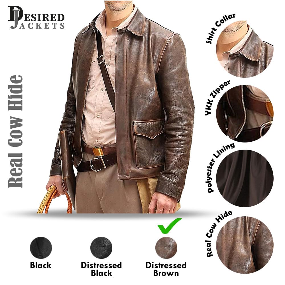 Men's Raiders of The Lost Harrison Jones Vintage Brown Bomber Leather Jacket Genuine Cowhide Distressed Leather Jacket (as1, alpha, m, regular, regular)