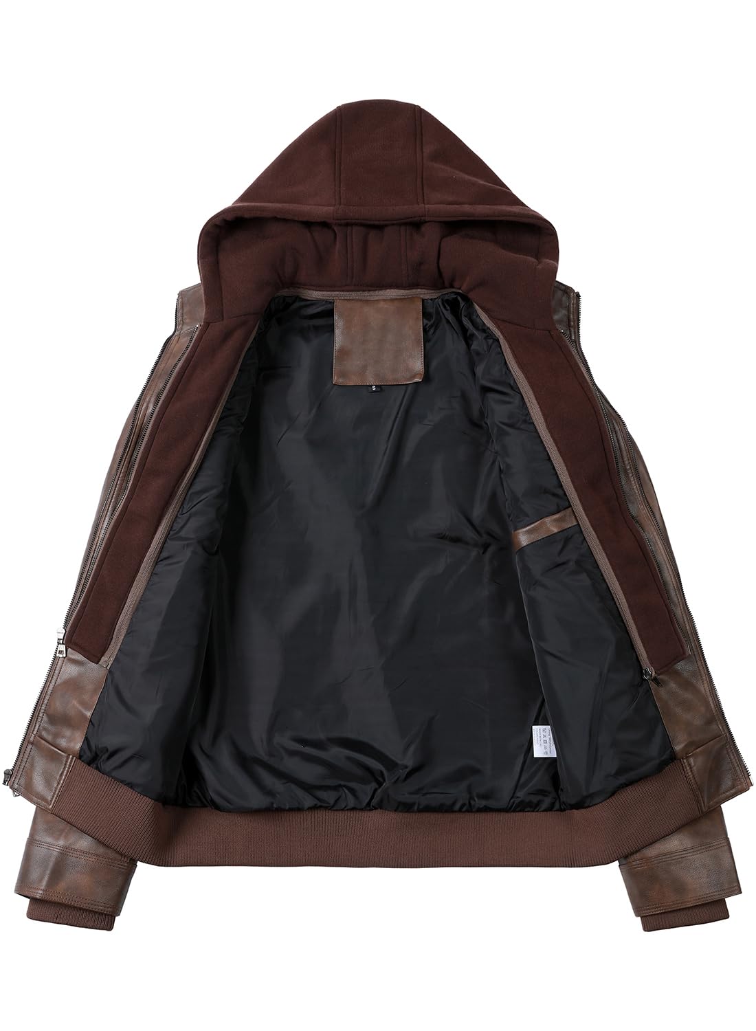 HOOD CREW Men Faux Leather Jacket with Detachable Hood Casual Motorcycle Bomber Jackets Outerwear Brown XXL