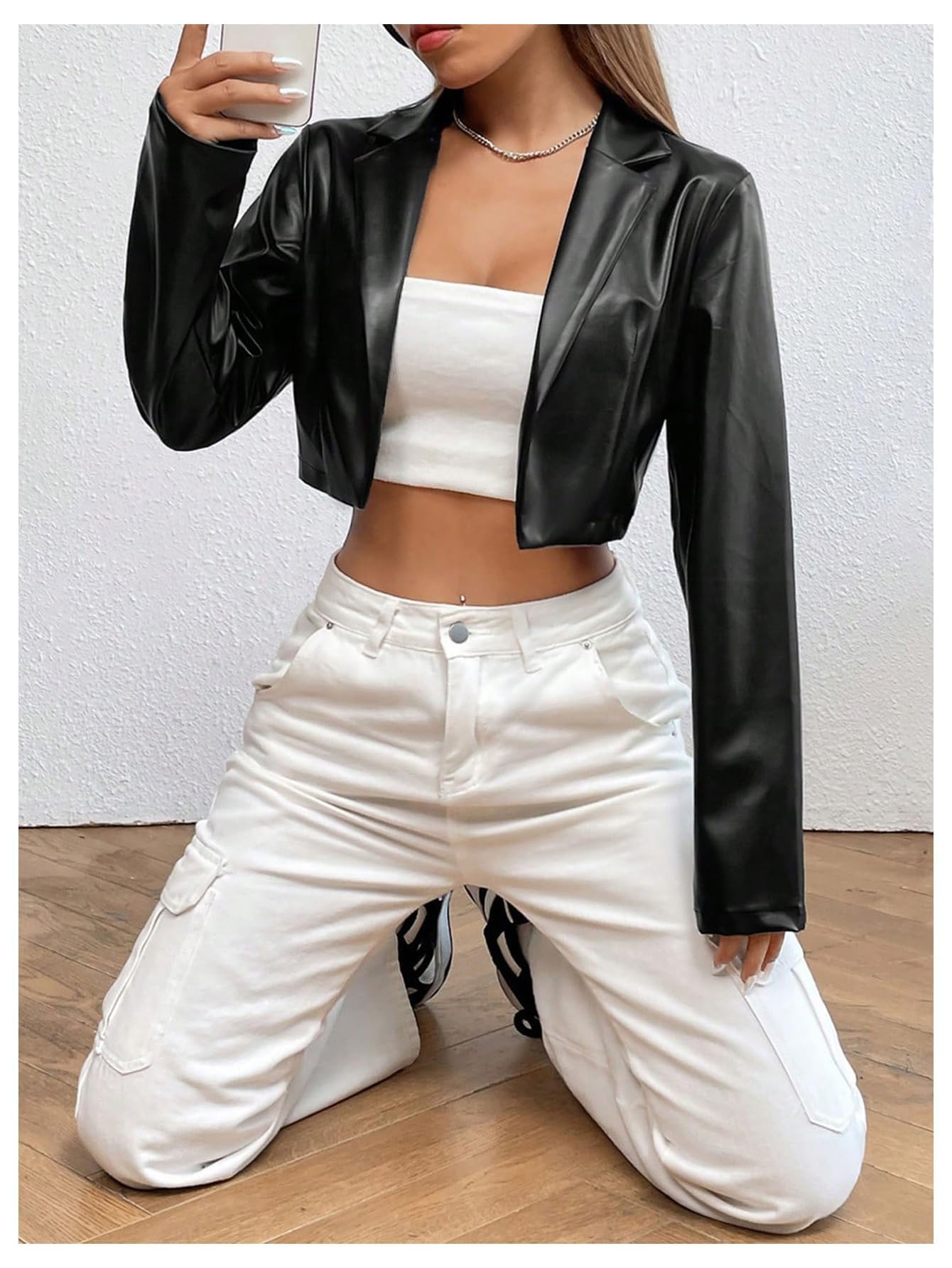 GORGLITTER Women's Cropped Faux Leather Jacket Y2k Long Sleeve Open Front Cardigan Bomber Moto Biker Jackets Rave Outfits Black Medium
