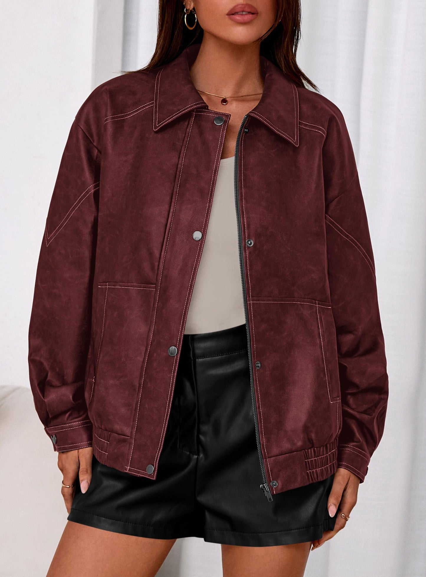 PRETTYGARDEN Faux Leather Jacket Women Bomber Motorcycle Zip Up Jackets Oversized Fall Fashion Outfits 2026 Winter Coats (Wine Red,Large)