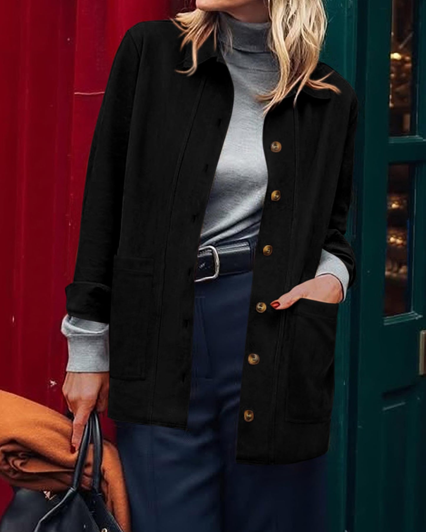 BTFBM Faux Suede Jacket Women Fall Fashion 2026 Leather Jackets Long Sleeve Button Down Winter Coats Shackets Outerwear(Black, Medium)