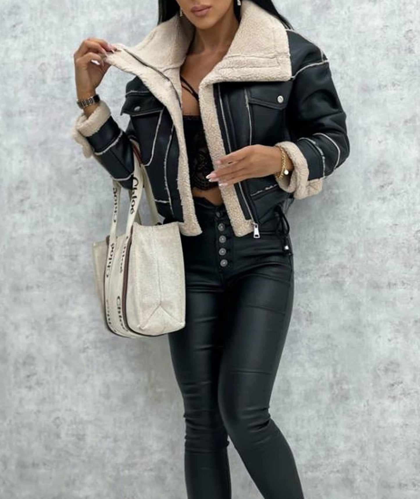 Sexyshine Women's Faux Shearing Moto Bomber Jacket Sherpa-Lined Coat Winter Aviator Leather Coat Outerwear(23744BL,L)