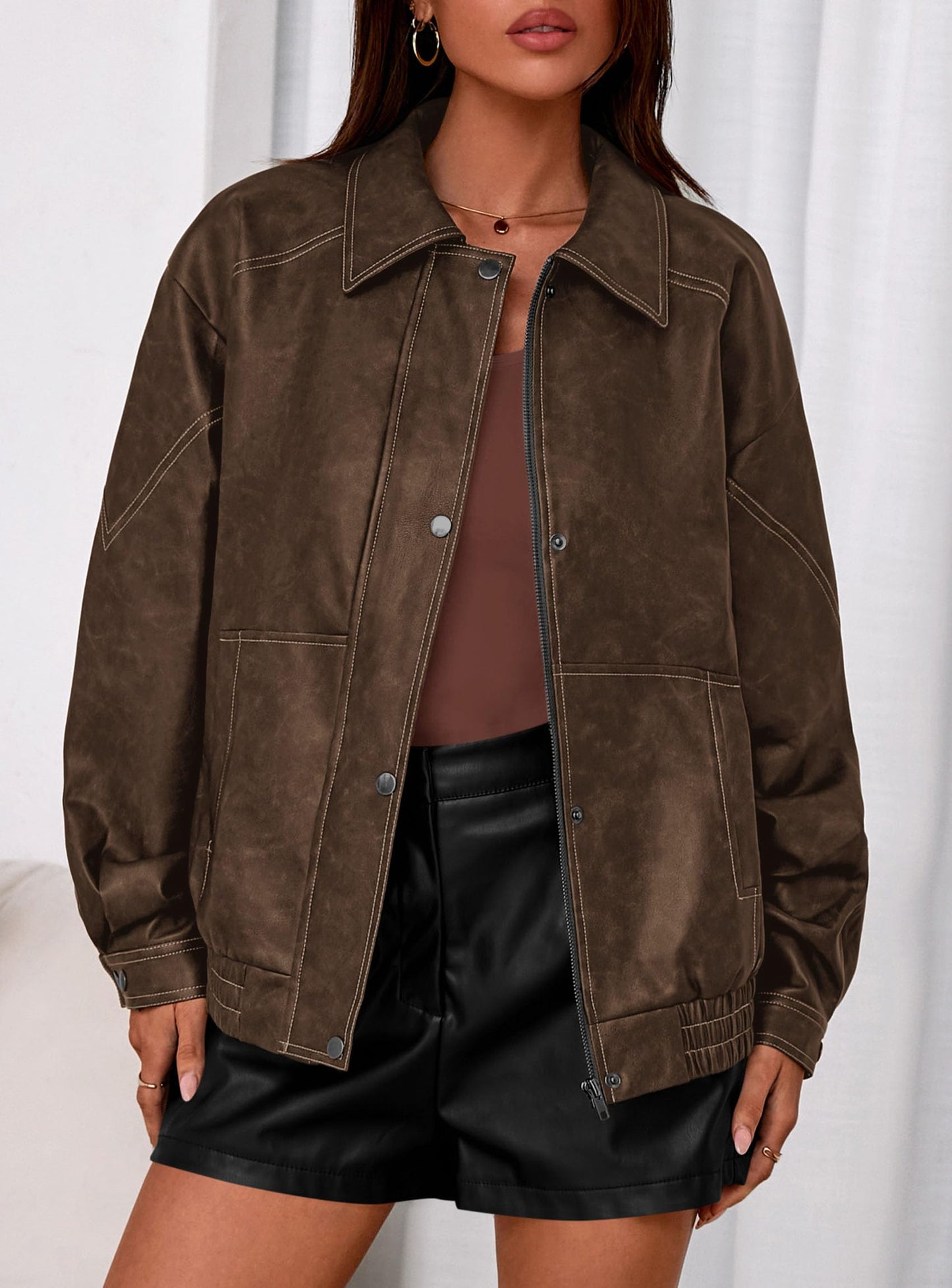 PRETTYGARDEN Faux Leather Jacket Women Bomber Motorcycle Zip Up Jackets Oversized Fall Fashion Outfits 2026 Winter Coats (Brown,Medium)