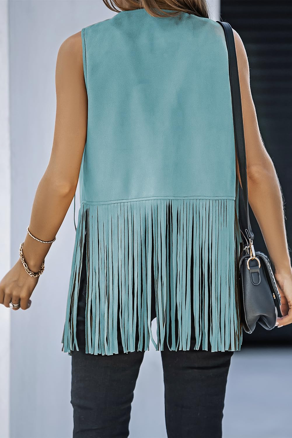 Dokotoo Womens Spring Summer Fashion Fringe Vest 70s Hippie Boho Western Chic Cowgirl Shirts Sleeveless Jacket Open Front Cardigan Faux Suede Leather Tassel Country Concert Outfits Blue Small