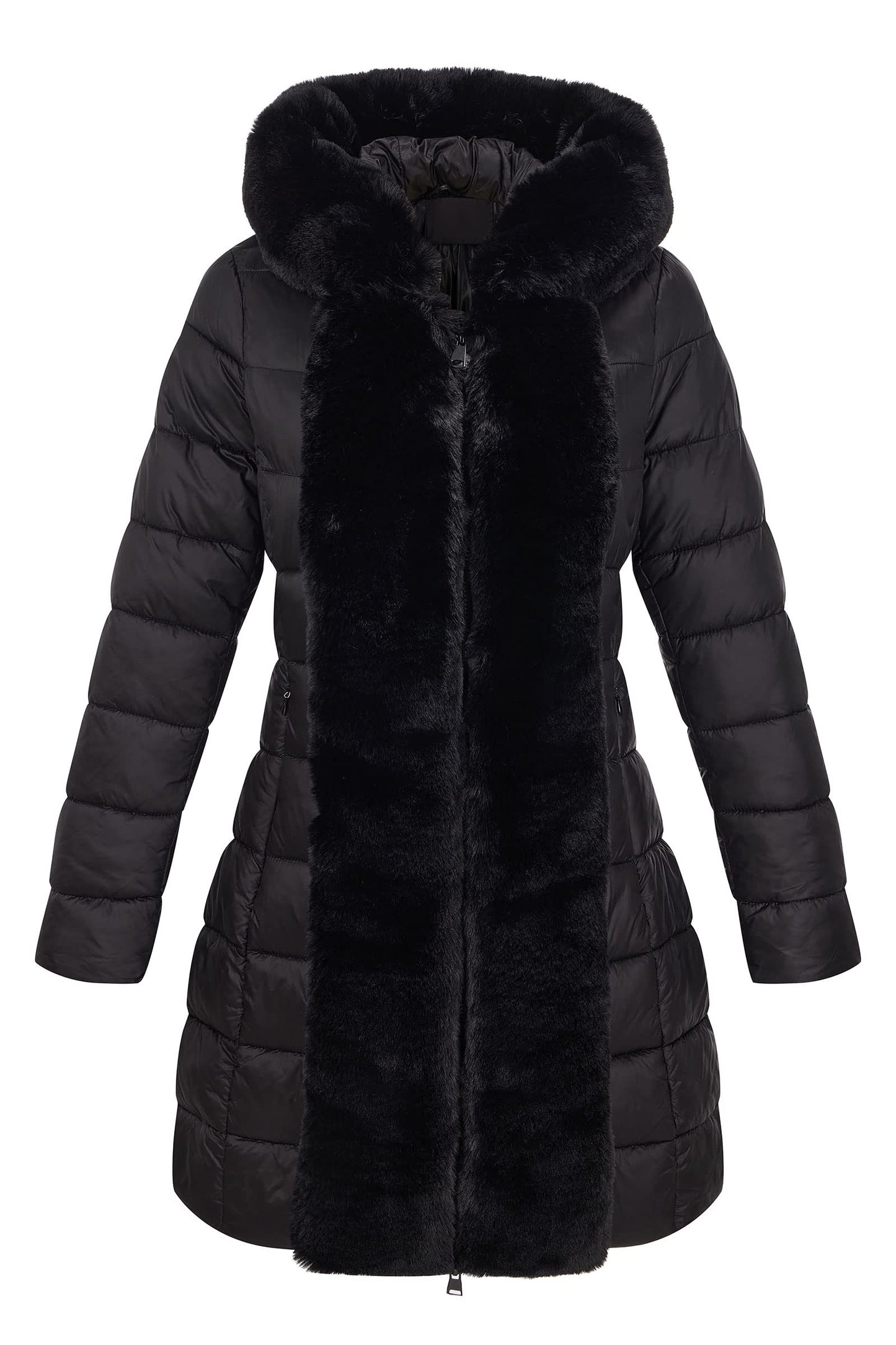 Bellivera Women Faux Leather Winter Trendy puffer jacket water-resistant Thicken Bubble Coat with Fur Hood and Belt 083 BLACK XL