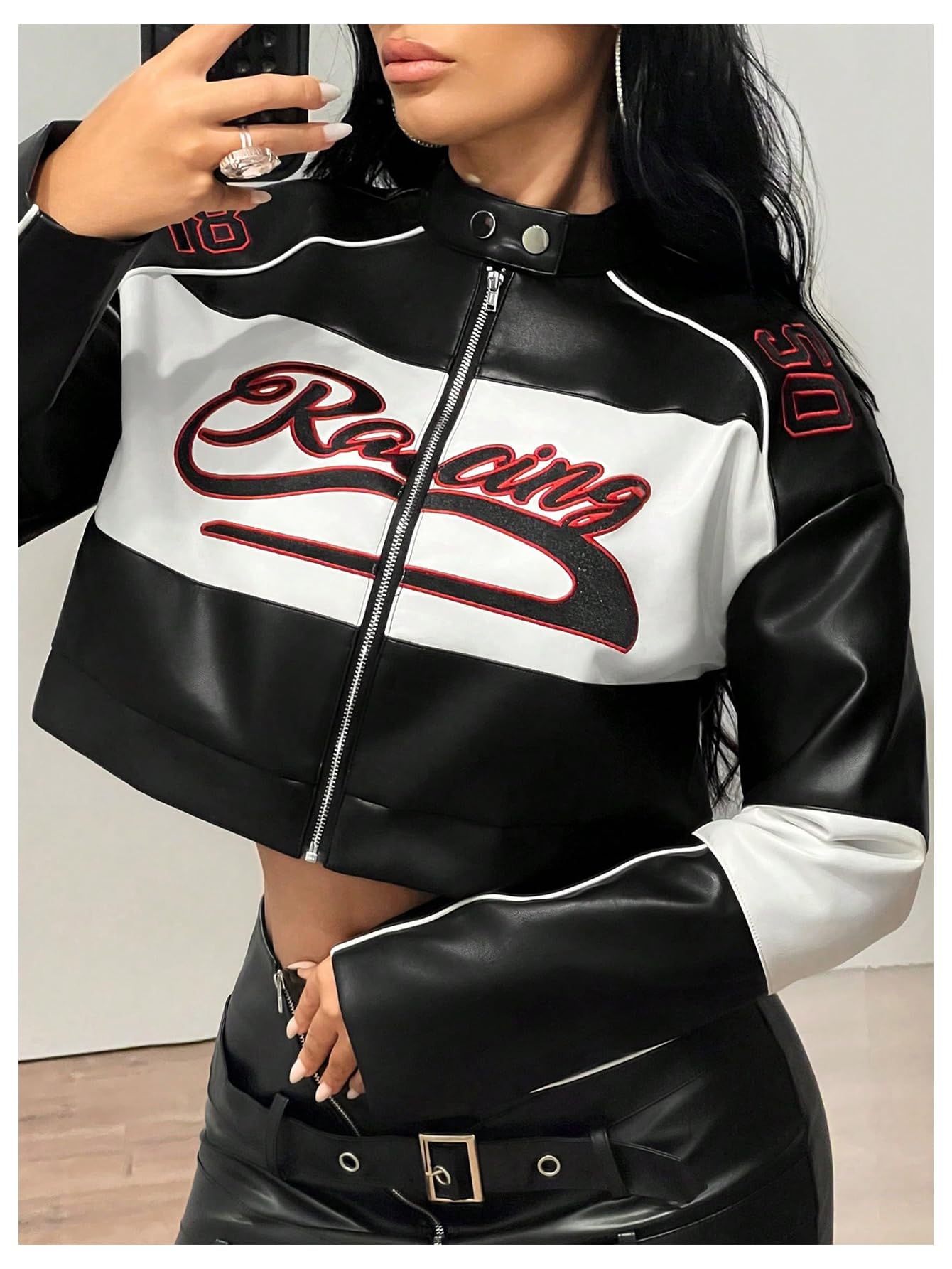 SOLY HUX Women's Faux Leather Zip Up Crop Jackets Graphic Long Sleeve Shirts Motorcycle Outerwear Black and White Medium