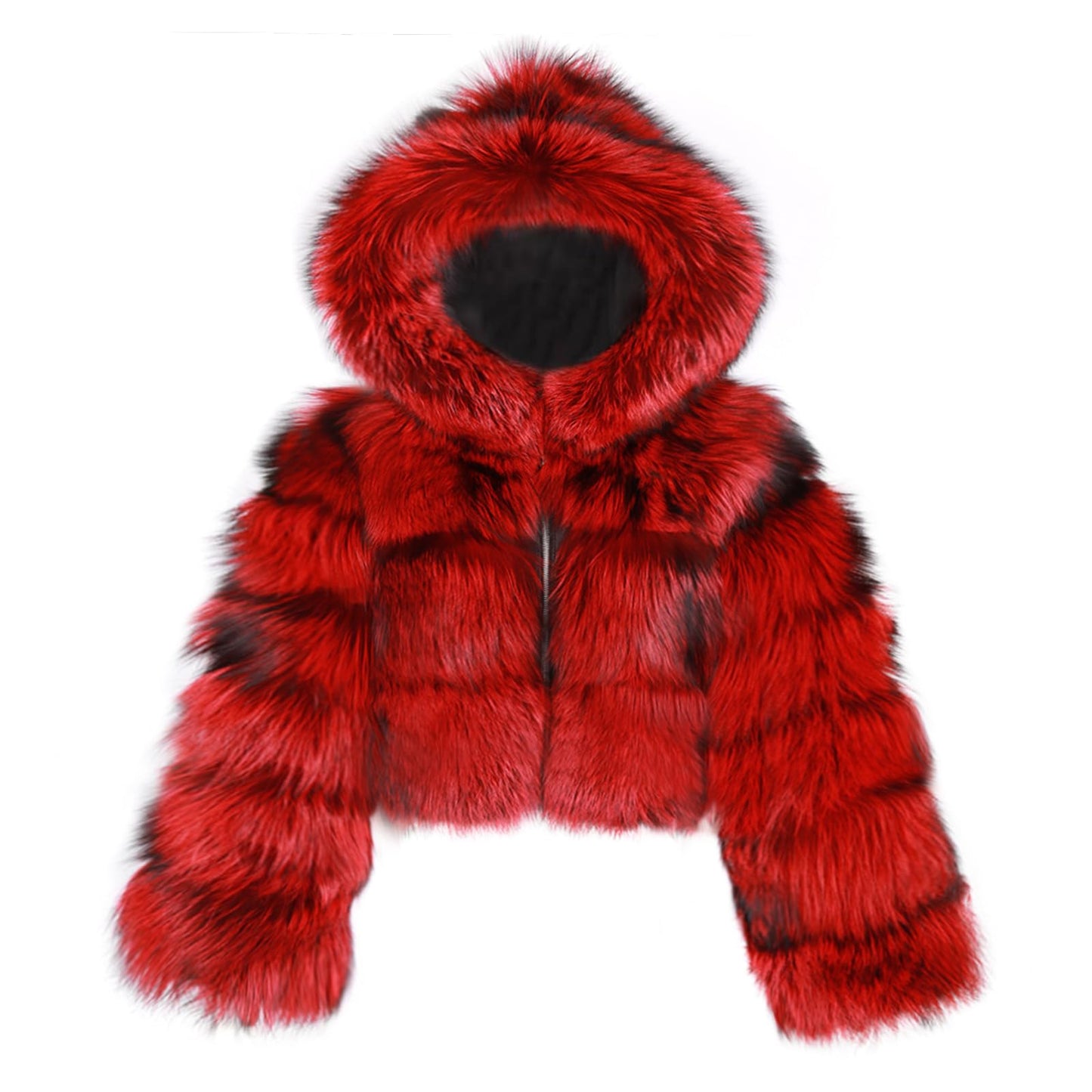 loveimgs Women Winter Fuzzy Hooded Cropped Faux Fur Jacket Puffer Coat Fluffy Parka Leather Warm Zip Up Teddy Coat (Large, Mix red)