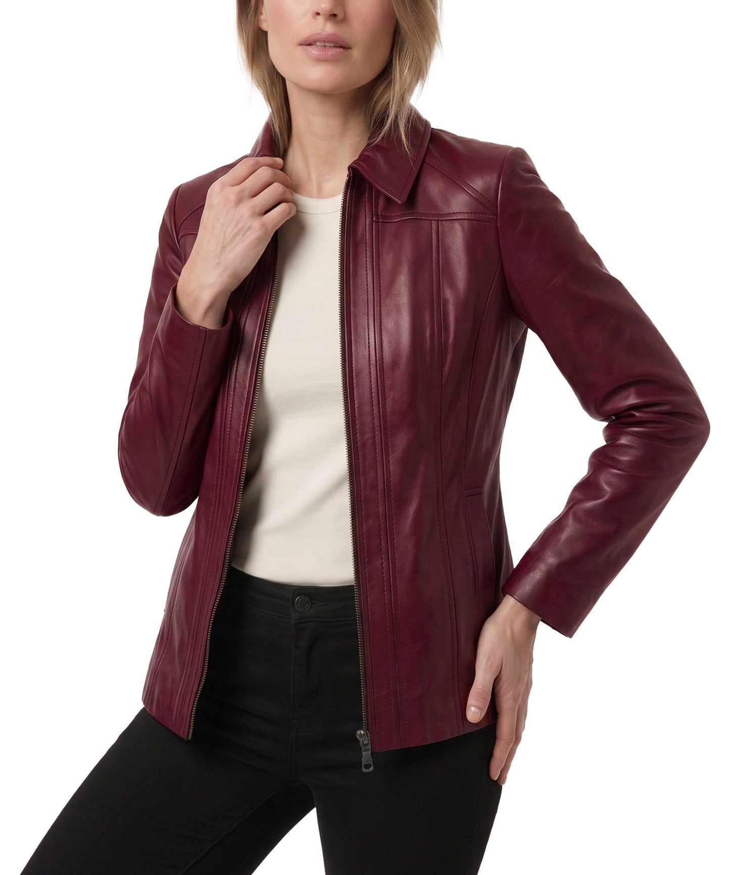 TRENDS GENESIS Maroon Leather Car Coat Women Genuine Lambskin Long Leather Jacket Classic Outerwear XL