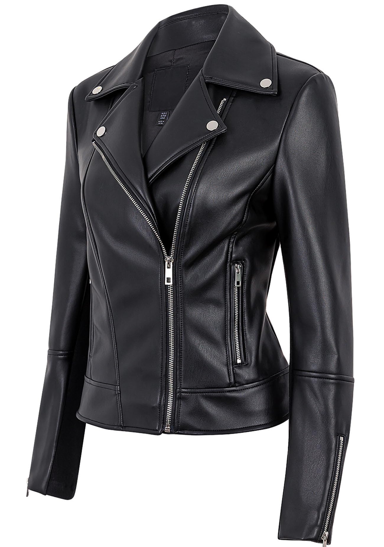 Women Leather Jacket, Buttery Soft Faux Leather Motorcycle Moto Biker Short Jacket, Stretchy Long Sleeves Asymmetrical Closure Zipper Rivets Pocket Classic Stylish Coat, Small, Black
