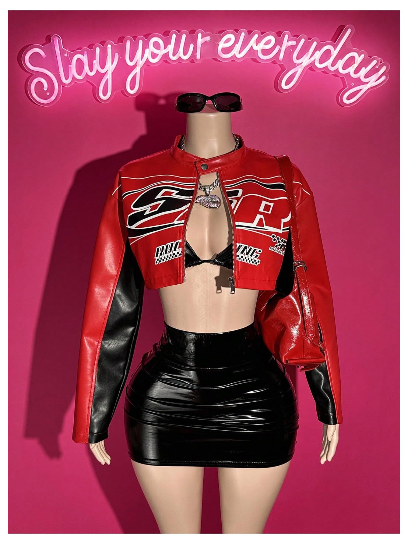 GORGLITTER Women's PU Leather Cropped Jacket F1 Racer Varsity Jacket Zip Up Color Block Graphic Motorcycle Biker Coats Red Large