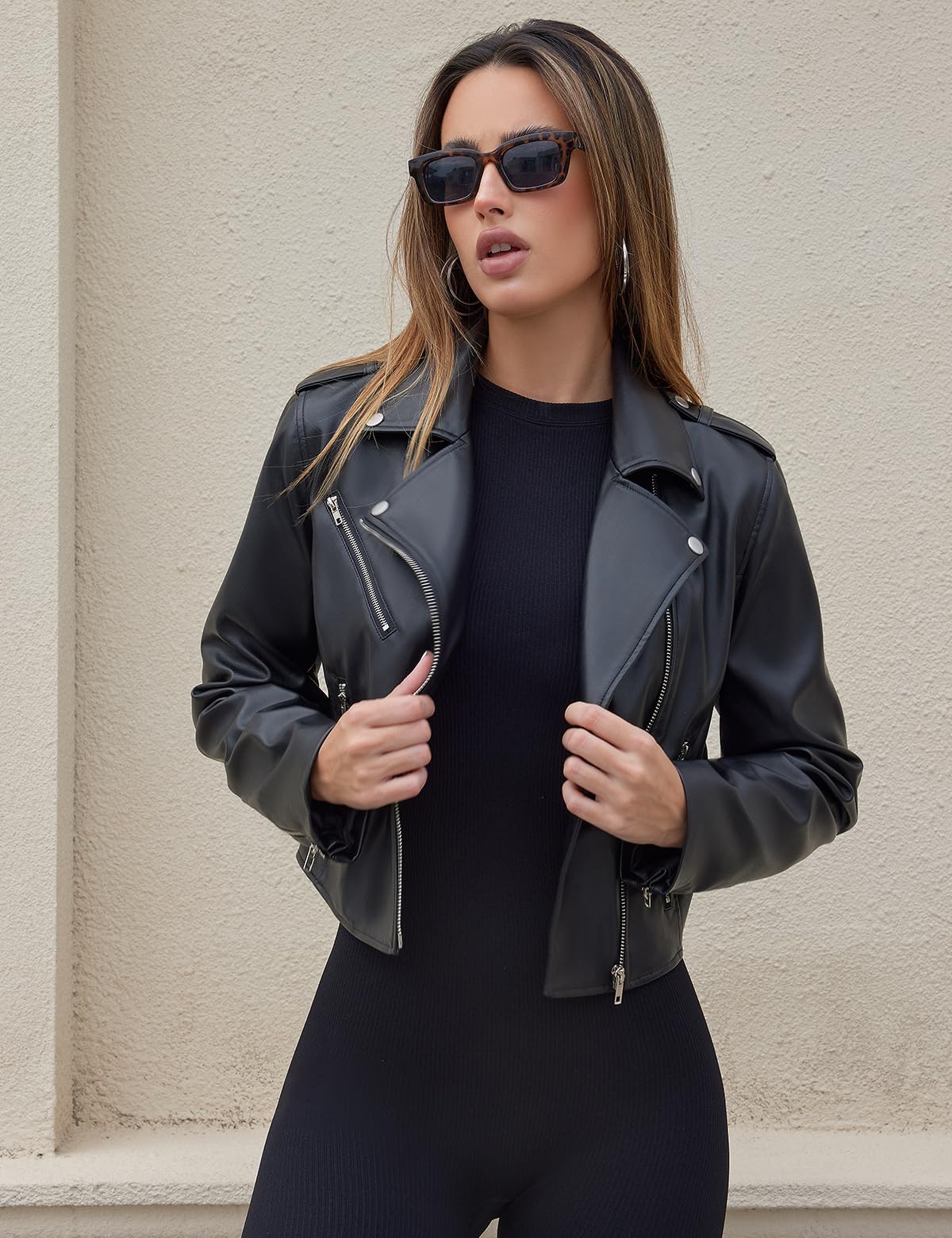 Athlemo Womens Faux Leather Motorcycle Jackets Classical Black PU Slim Short Biker Coats 02 Black XL