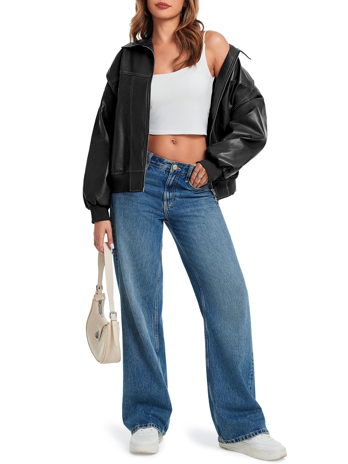 Tankaneo Womens Oversized Leather Bomber Jackets Cap Sleeve Zip Up Motorcycle Coats with Pockets