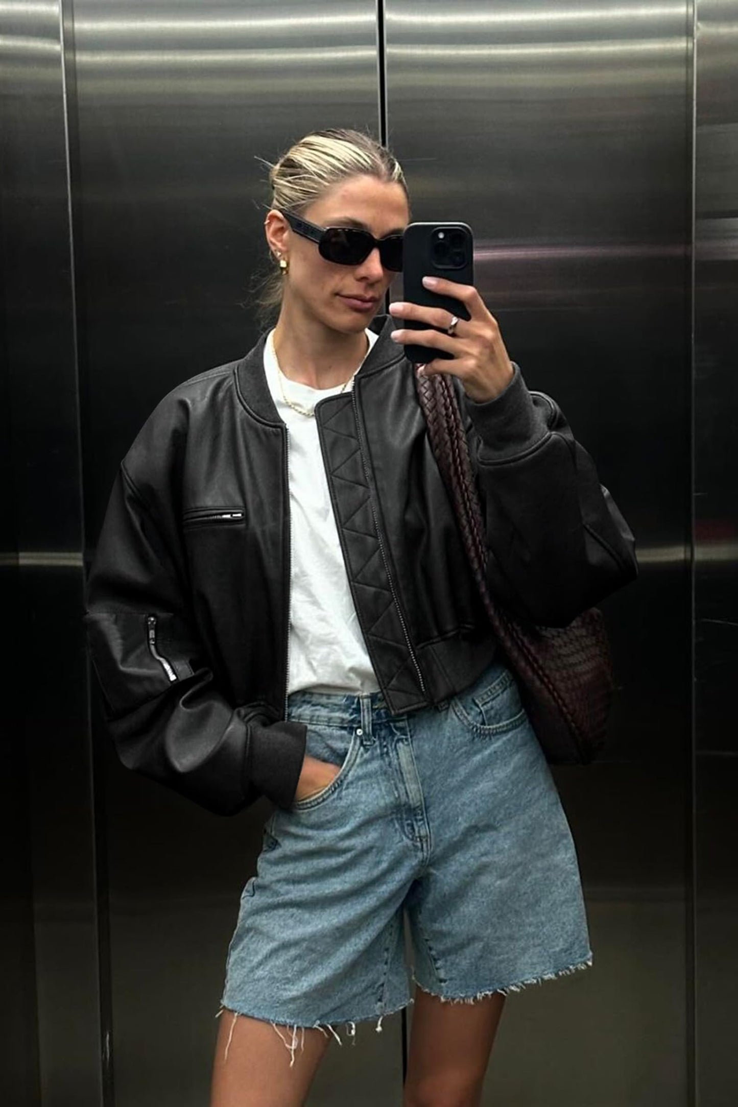 Cicy Bell Womens Faux Leather Bomber Jackets Baseball Collar Zip Up Cropped Biker Coat with Pockets