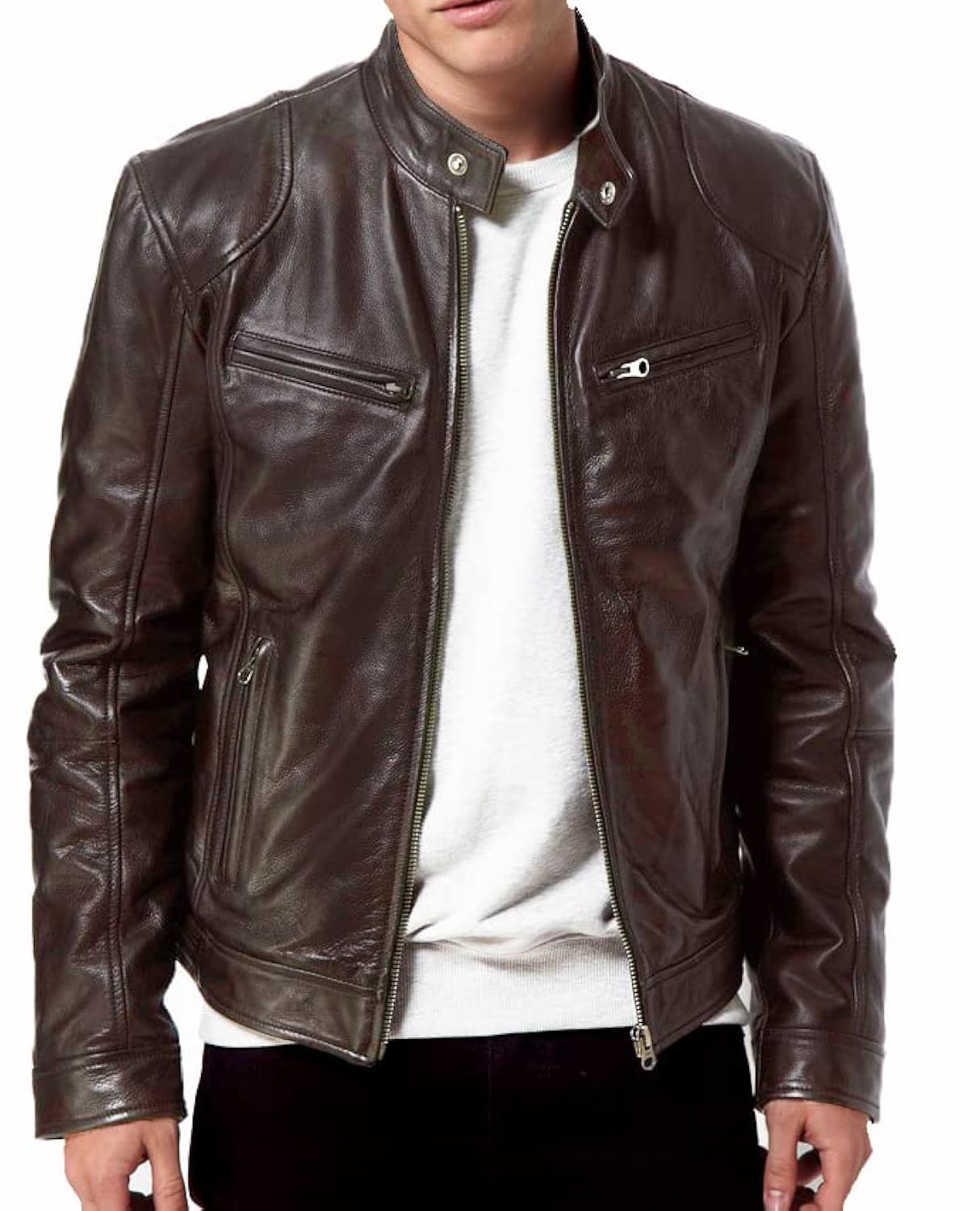 DECIMAL Men's Black Genuine Lambskin Leather Biker Jacket VINTAGE REAL BROWN MOTORCYCLE JACKETS FOR MEN (XS, BROWN)