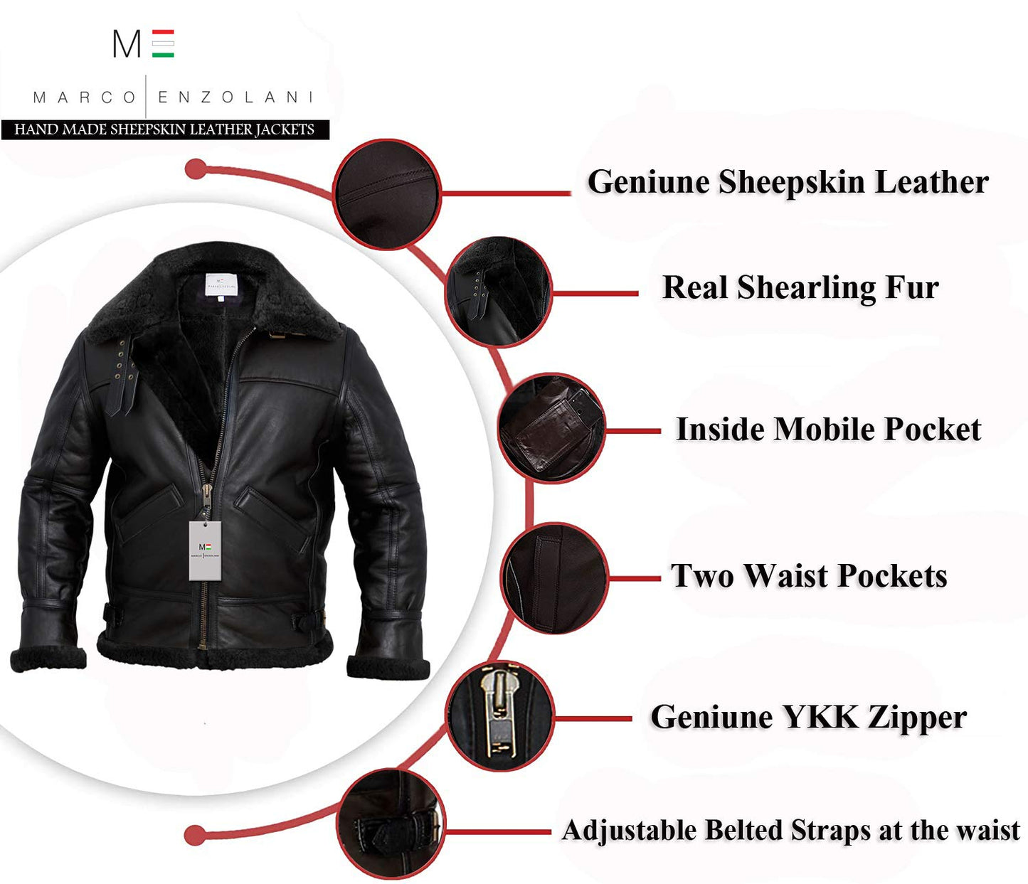 MARCO ENZOLANI Men B3 Bomber Jacket Aviator Real Shearling B3 Bomber Sheepskin Jacket Winter Black (Black, Xs)
