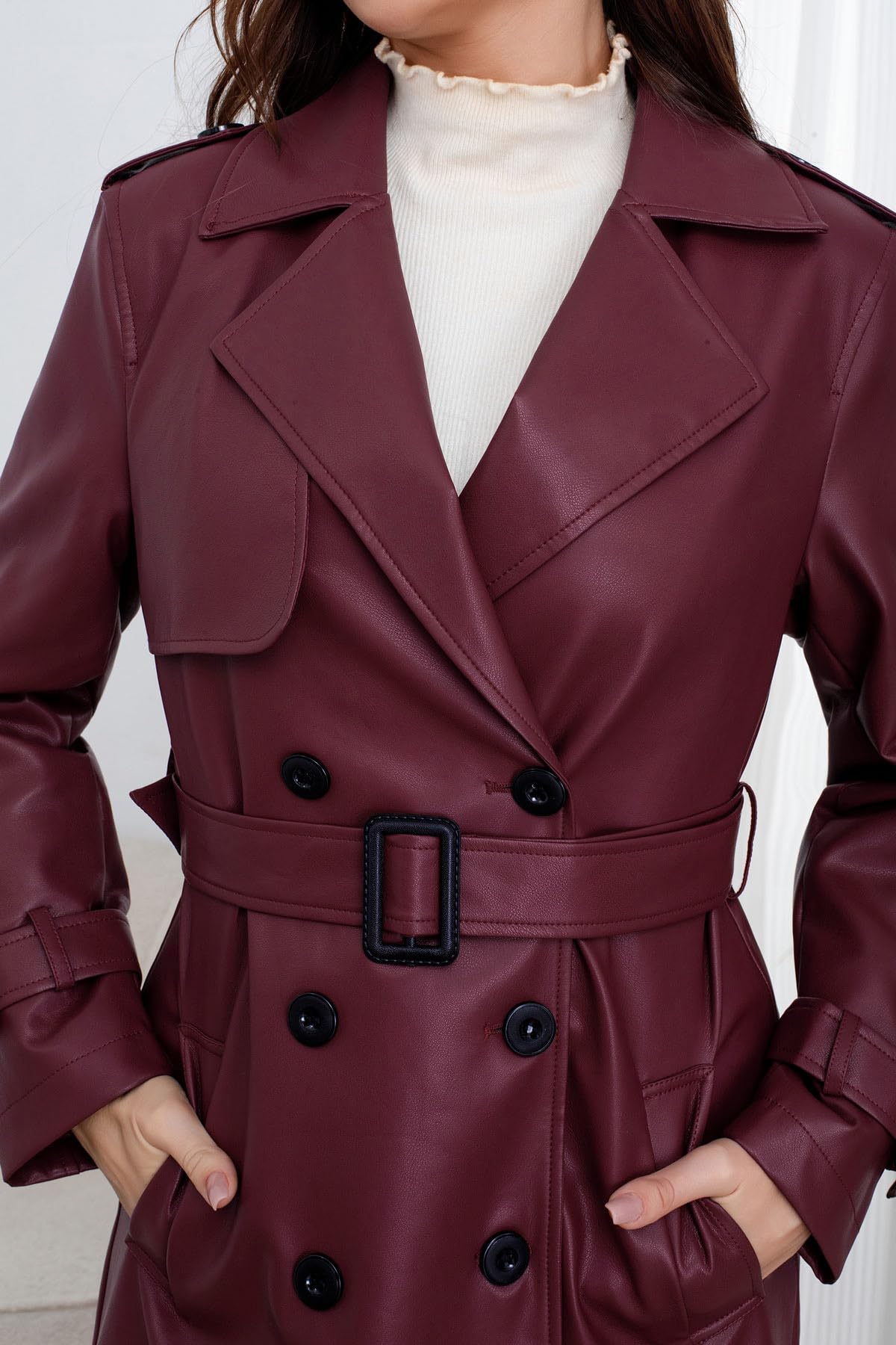 utcoco Women's Faux Leather Trench Coat Double Breasted Belted High Waist Long PU Leather Jacket Fall Winter Outerwear (XX-Large, Wine Red)