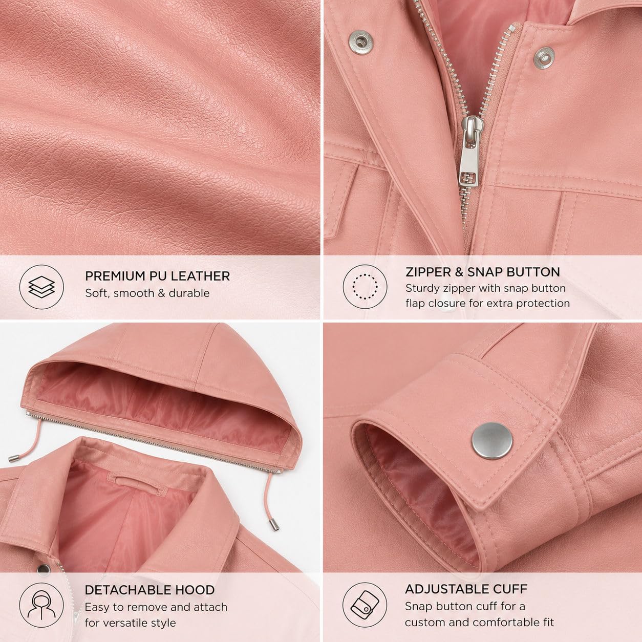 HOW DARE U Women's Faux Leather Jacket, Vegan PU with Removable Hood