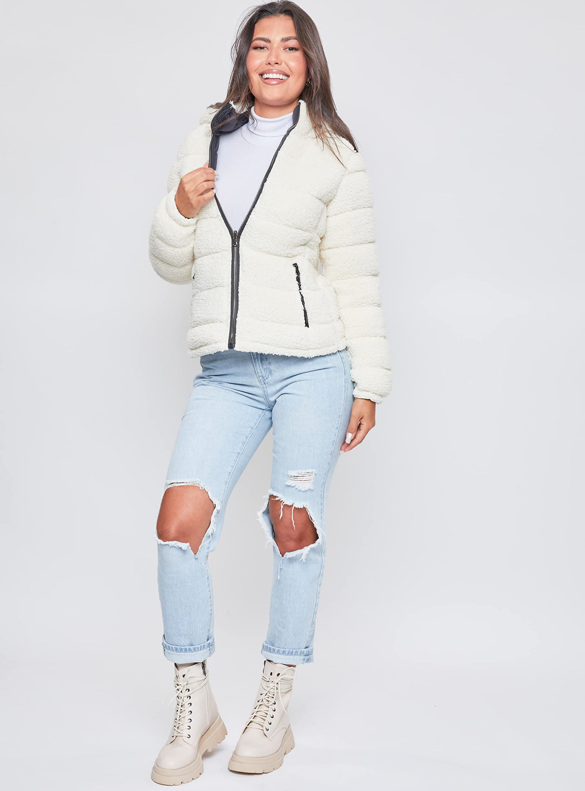 YMI Womens Junior Faux Leather Sherpa Lined Jacket, Ivobl, Small US