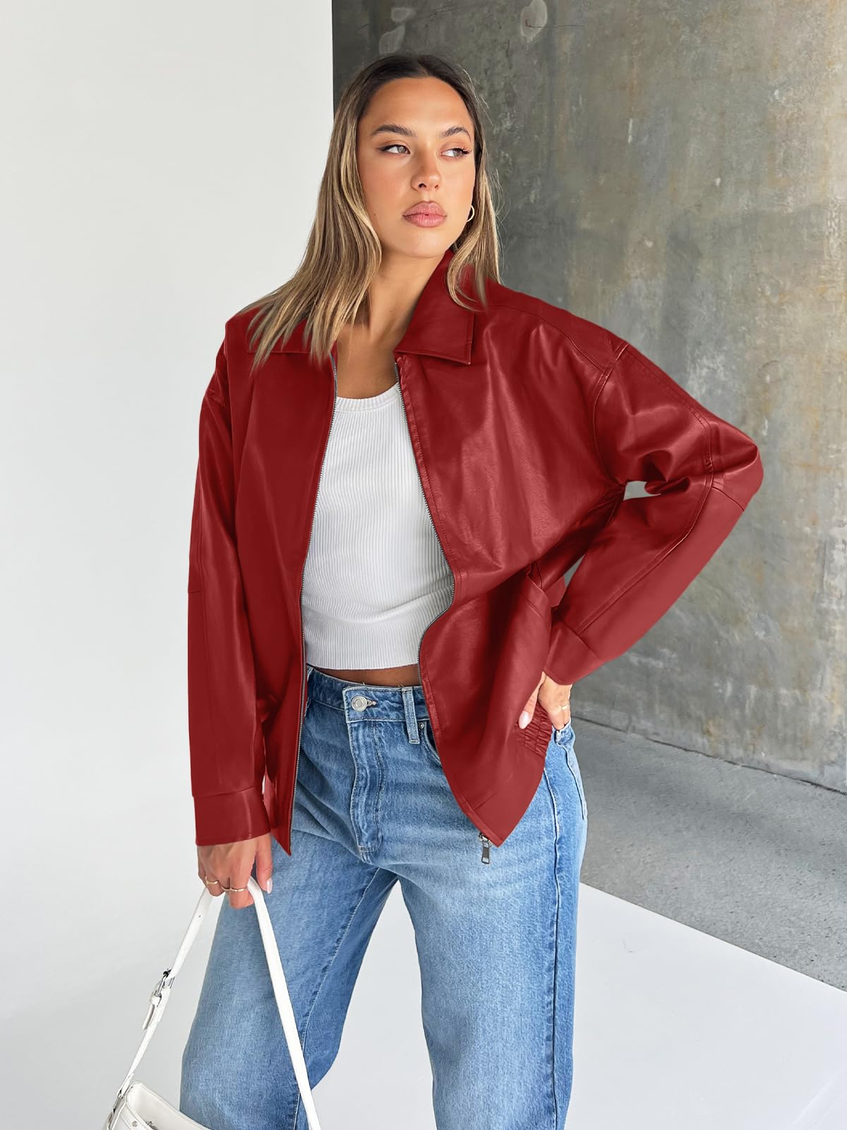Trendy Queen Womens Leather Jacket, Oversized Spring Going Out & Everyday Statement Piece, Bomber Jackets Fall Moto Coat Red M
