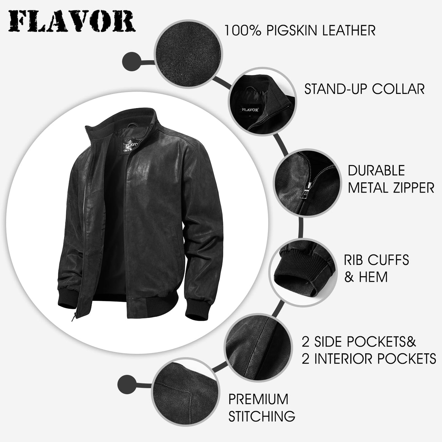 FLAVOR Men's Real Leather Bomber Casual Jacket (Large, Black)