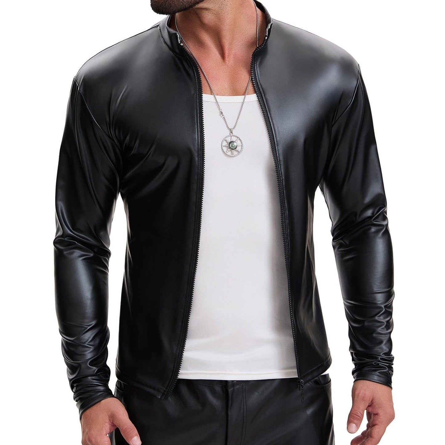 Mens Shiny Soft Leather Stand Collar Jacket Sexy Full Zipper Long Sleeve Shirts Solid Slim Fitted Stretch Tops Black