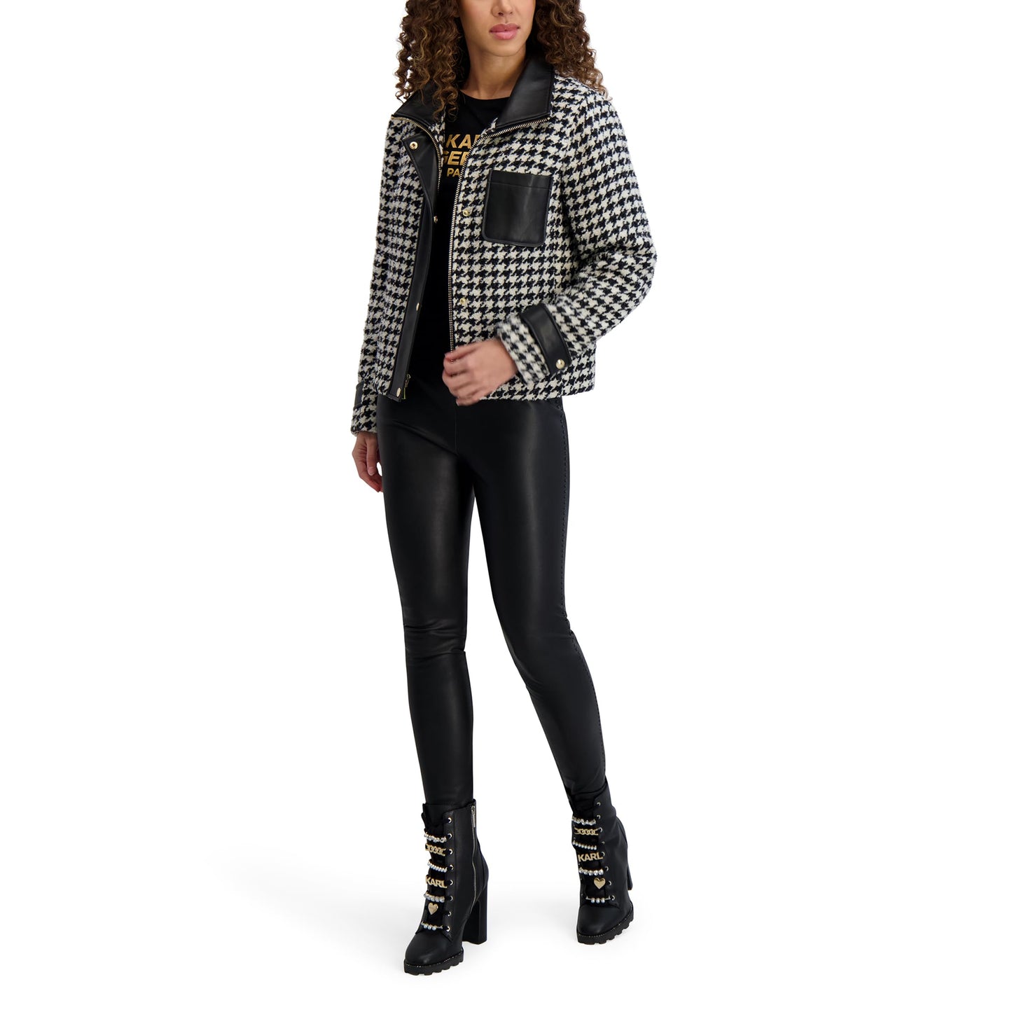 KARL LAGERFELD Paris Women's Houndstooth Short Jacket with Faux Leather Trim Black/White, X-Large