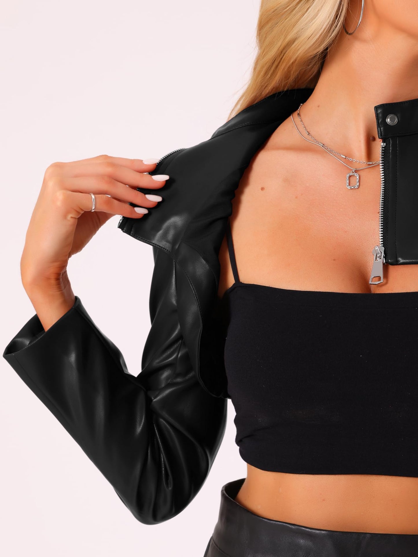Allegra K Women's Faux Leather Cropped Top Stand Collar Zipper Front Moto Biker Long Sleeve Jacket Coat Small Black