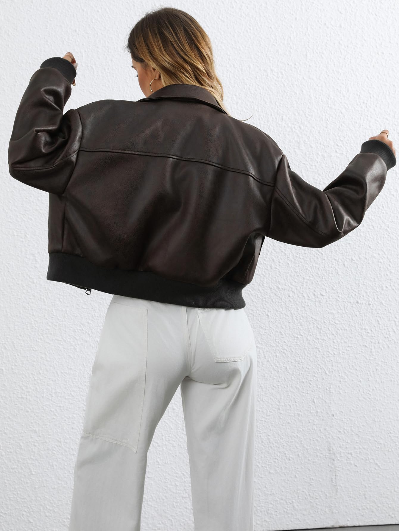 LY VAREY LIN Women Faux Leather Bomber Jacket Distressed Button Front Aviator Biker Coat
