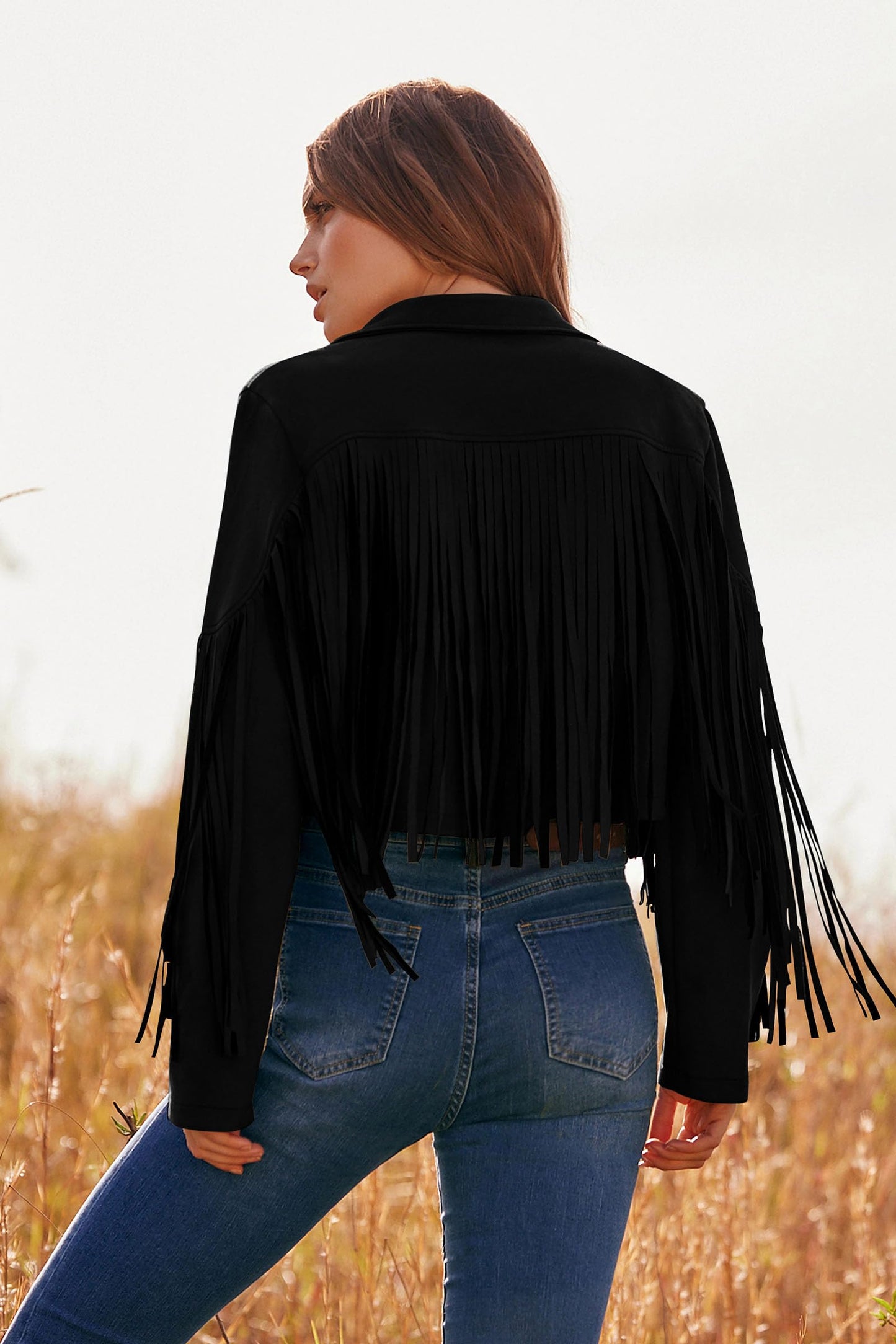 PRETTYGARDEN Women's Fringe Faux Suede Leather Jackets Fall Fashion 2025 Tassel Motorcycle Cropped Coats (Black,X-Large)
