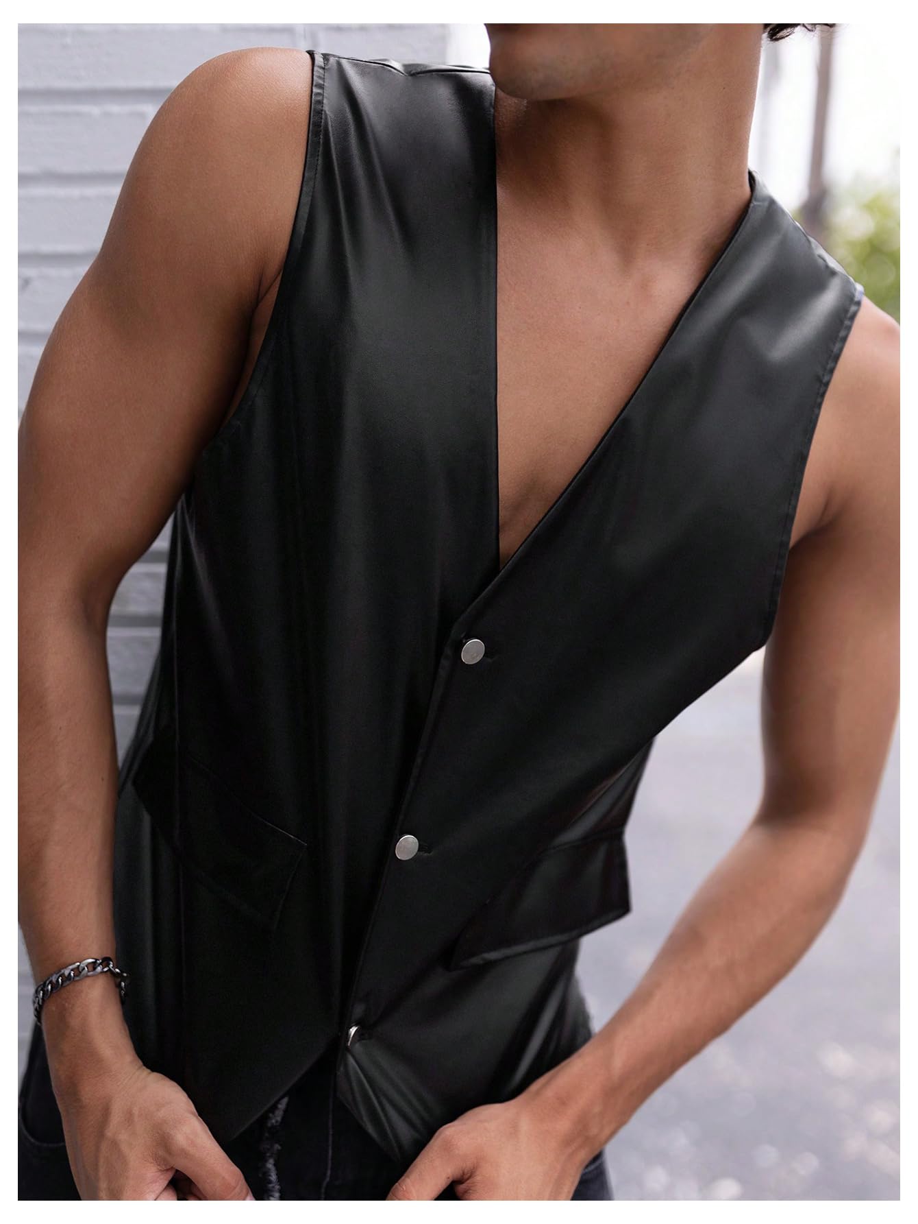 GORGLITTER Men's Leather Vest Casual Button Down Western Cowboy Cropped Vests V Neck Going Out Jacket Black Medium