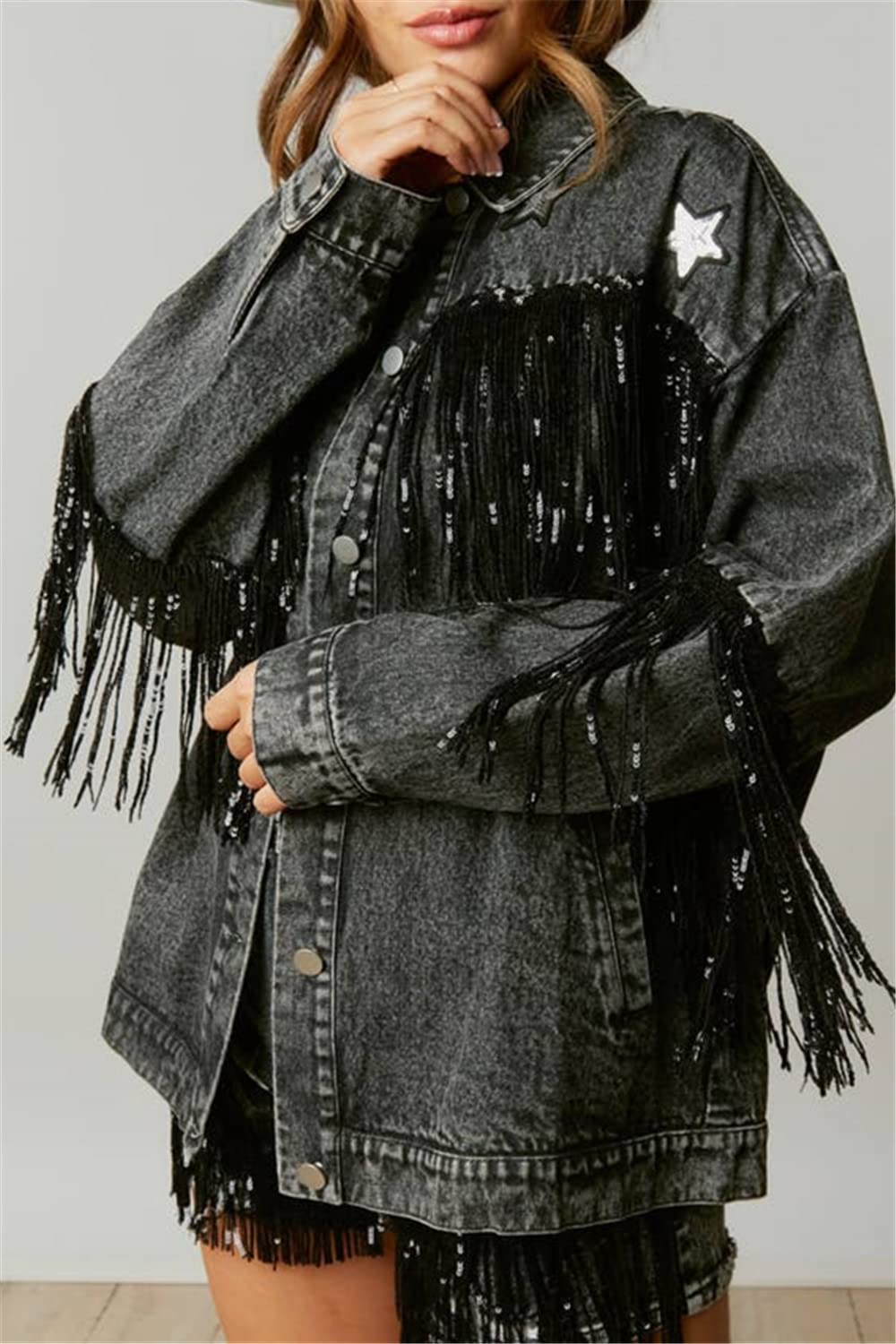 CYLADY Womens Denim Jacket with Fringe Rhinestones Long Sleeve Casual Tassel Jean Jacket Large