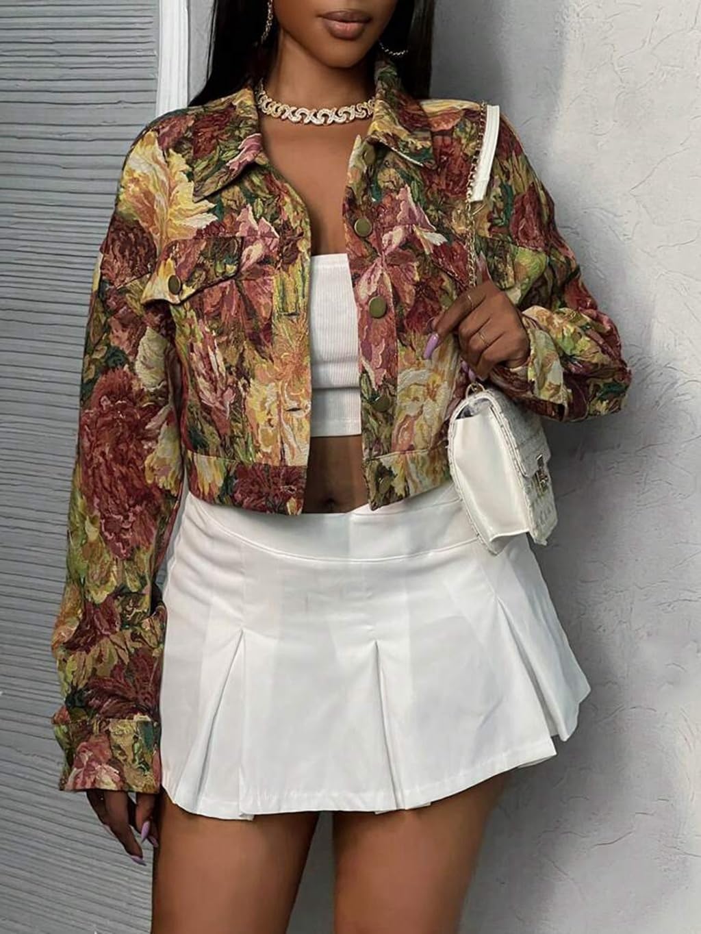 RISCUYY Cropped Jacket Women Bomber Short Jacket Y2K Jacquard Crop Floral Jackets for Women Trendy