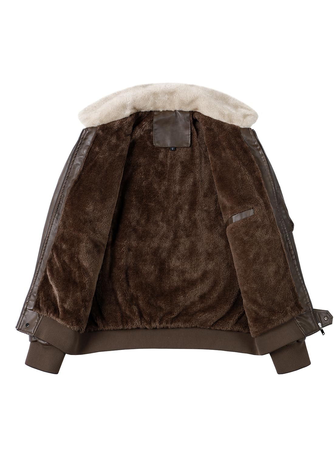 HOOD CREW Men’s Faux Leather Aviator Bomber Jacket with Fur Collar Warm Fleece Lined Biker Jackets Vintage Winter Coats Dark Brown L