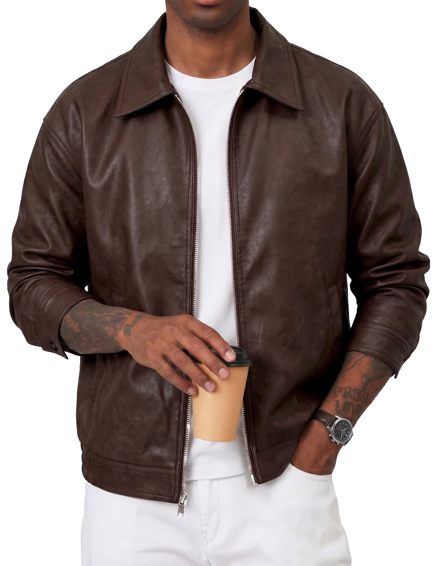 JMIERR Mens Drop Shoulder Leather Jacket Zip Coat, Chicory Coffee, 3XL