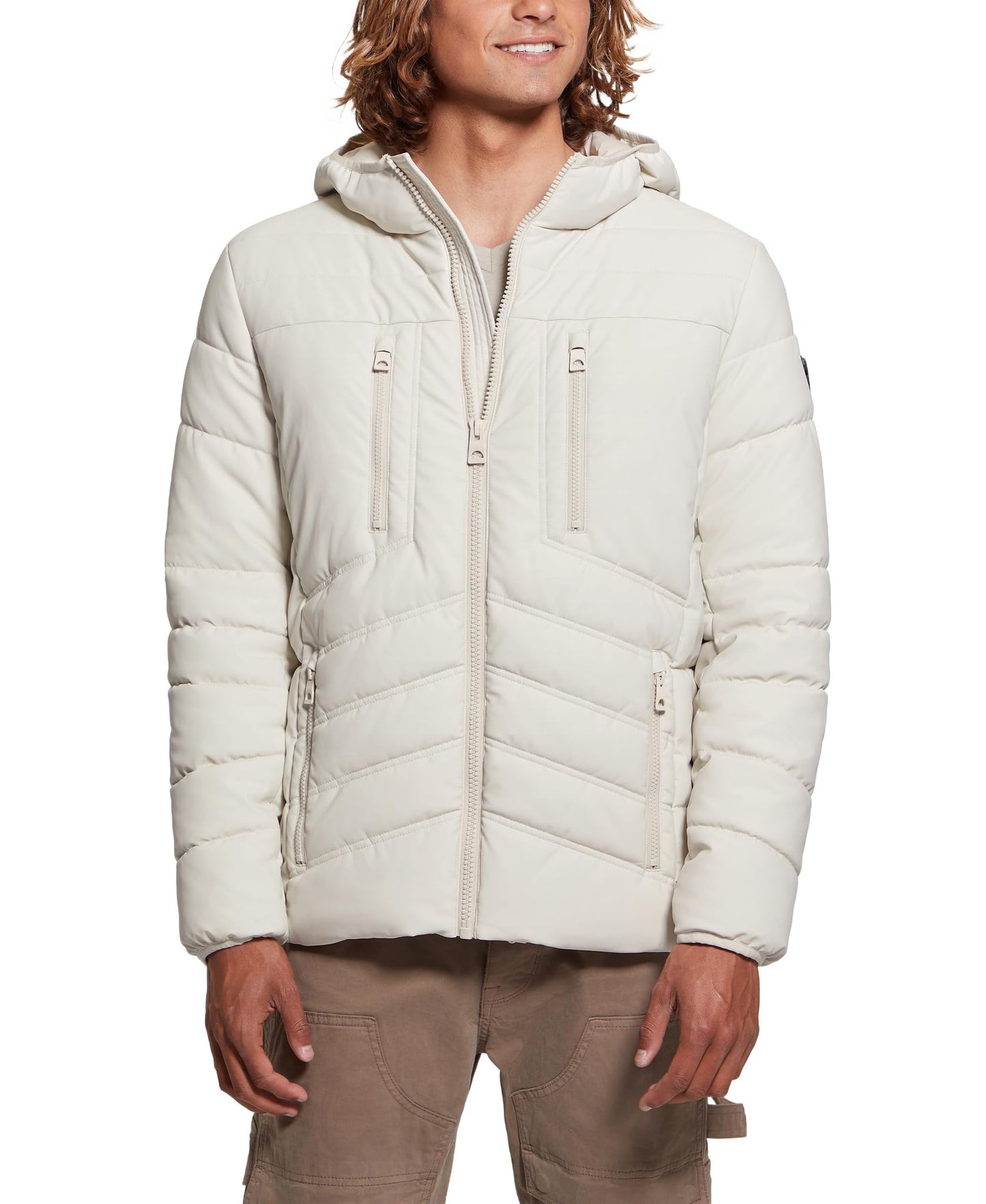 GUESS Mens Leo Tech Quilted Hooded Jacket, Birch Bark, Medium