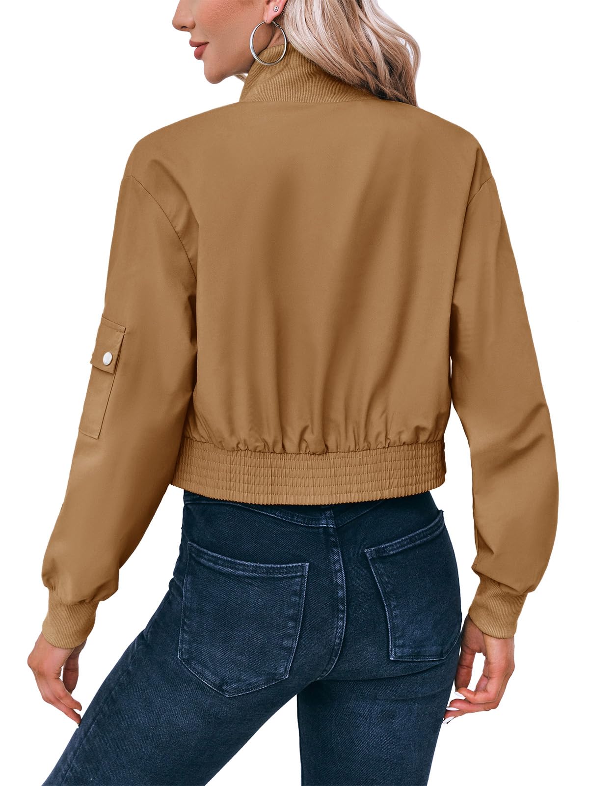 Fisoew Women's Fashion Cropped Bomber Jacket Long Sleeve Zip Up Stand Collar Jacket Coat with Pocket