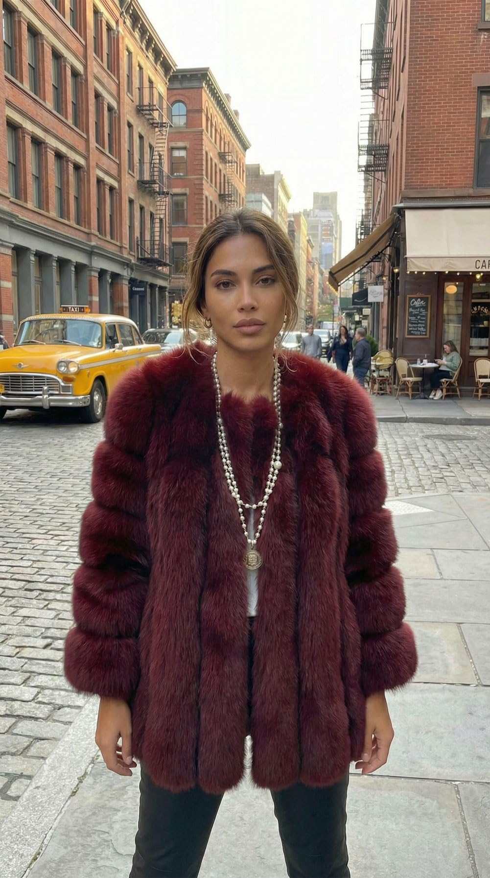 loveimgs Women Elegant Fuzzy Long Faux Fur Coat Puffer Jacket Collarless Parka Winter Zip Up Teddy Coat Overcoat (Medium, Burgundy)