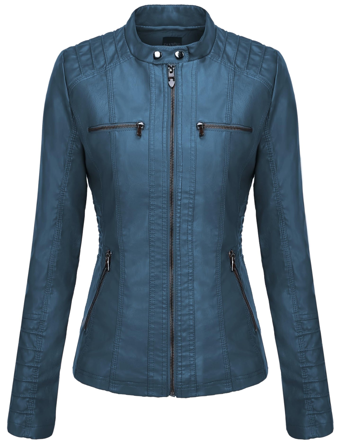 Tanming Womens Faux Leather Jacket Hooded Moto Biker Coat Outerwear Fall Fashion Outfits Winter Clothes(Blue-L)