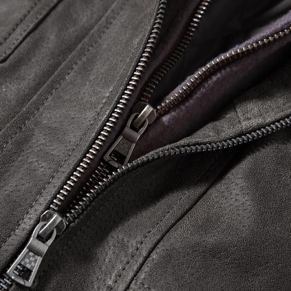 FLAVOR Men Brown Leather Motorcycle Jacket with Removable Hood (Large, Gray)