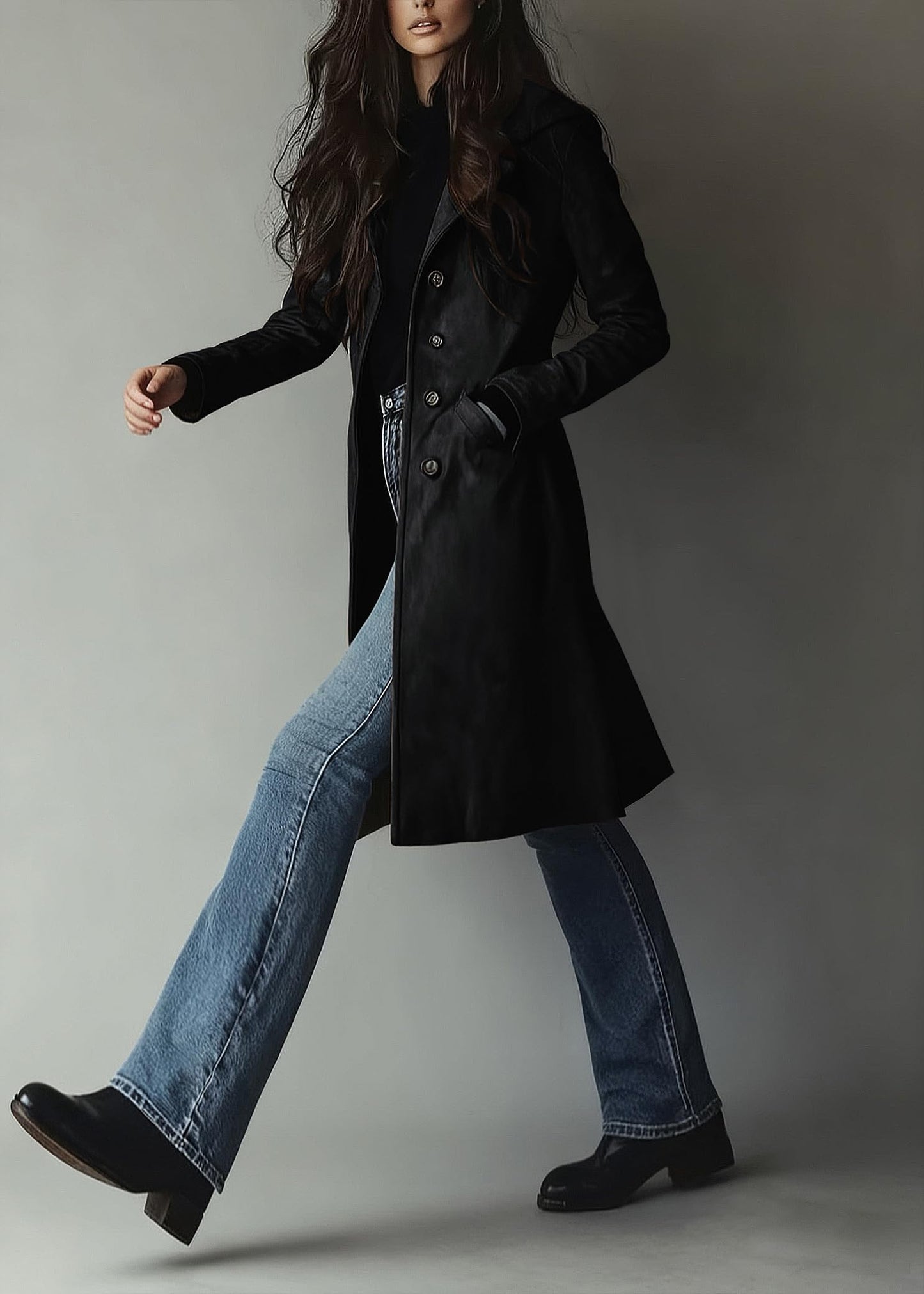 chouyatou Women's Fall Faux Suede Leather Trench Coat Casual Lapel Midi Long Dressy Blazer Jacket Coat with Pockets (X-Small, Black)