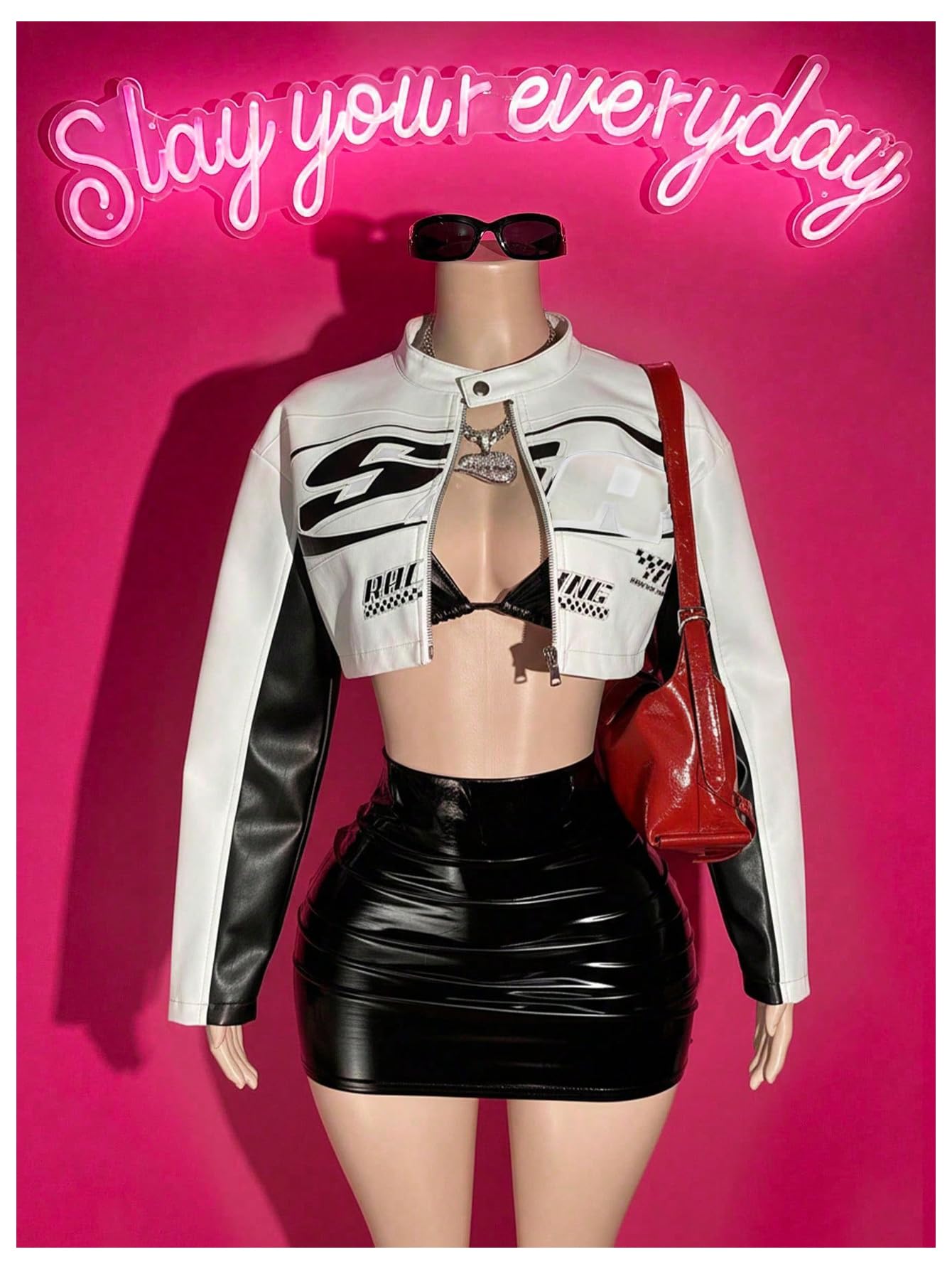 GORGLITTER Women's PU Leather Cropped Jacket F1 Racer Varsity Jacket Zip Up Color Block Graphic Motorcycle Biker Coats White Large